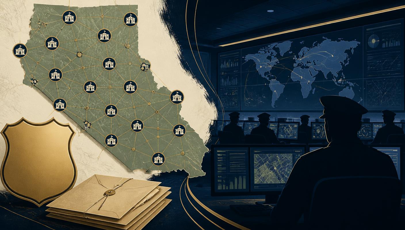 Editorial illustration of a policing command centre and a state map of anti-narcotics station nodes