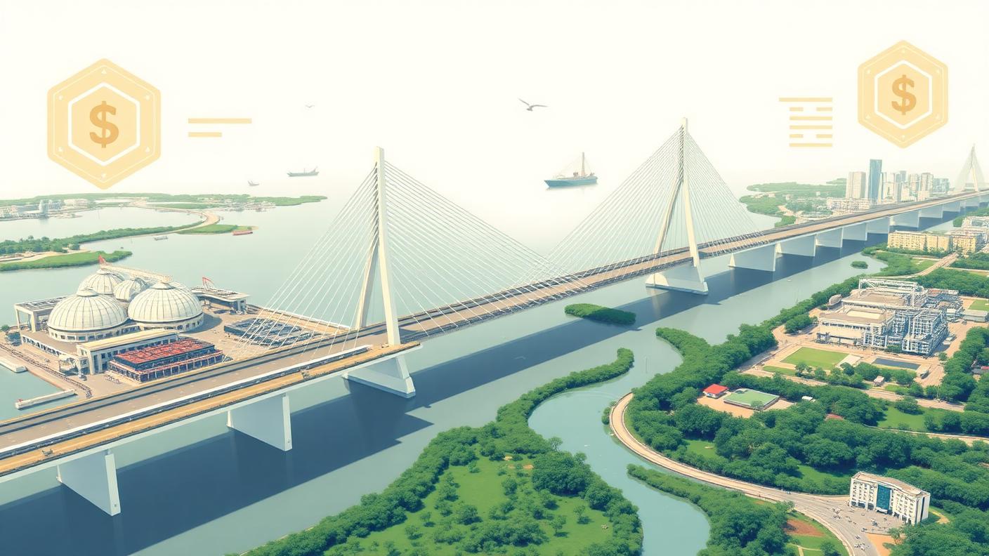 Editorial illustration of a cable-stayed bridge, waste-processing plant and municipal finance motifs