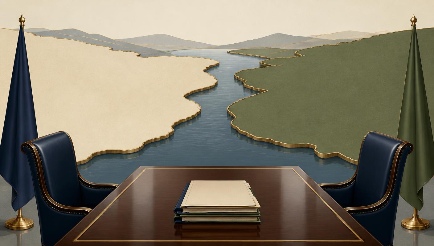 Editorial illustration of a diplomatic table beside two territories divided by a river