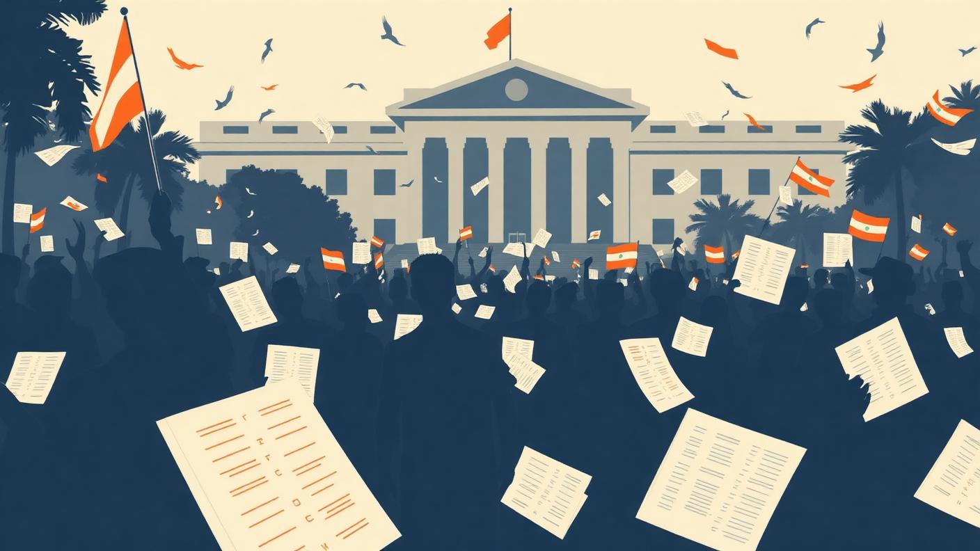 Editorial illustration of a student protest outside a legislative assembly building