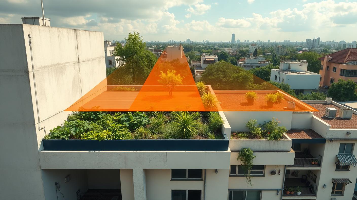Editorial illustration comparing a bare hot rooftop with a planted cool rooftop