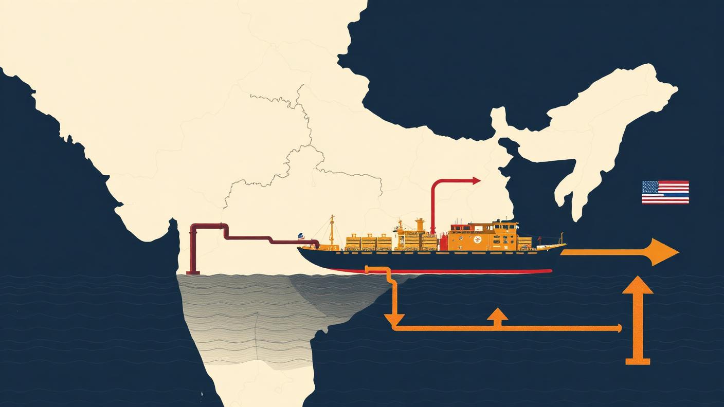 Editorial illustration of an oil tanker, pipeline geometry and a map of India