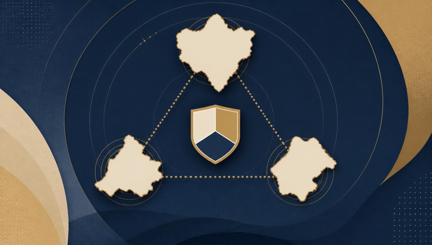 Editorial infographic of three territories linked by a triangular network around a divided shield