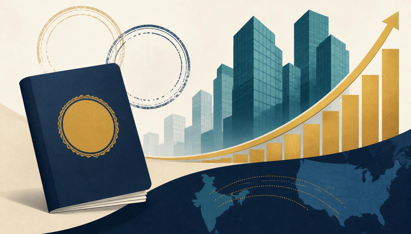 Editorial illustration of a passport, office towers and a rising cost curve